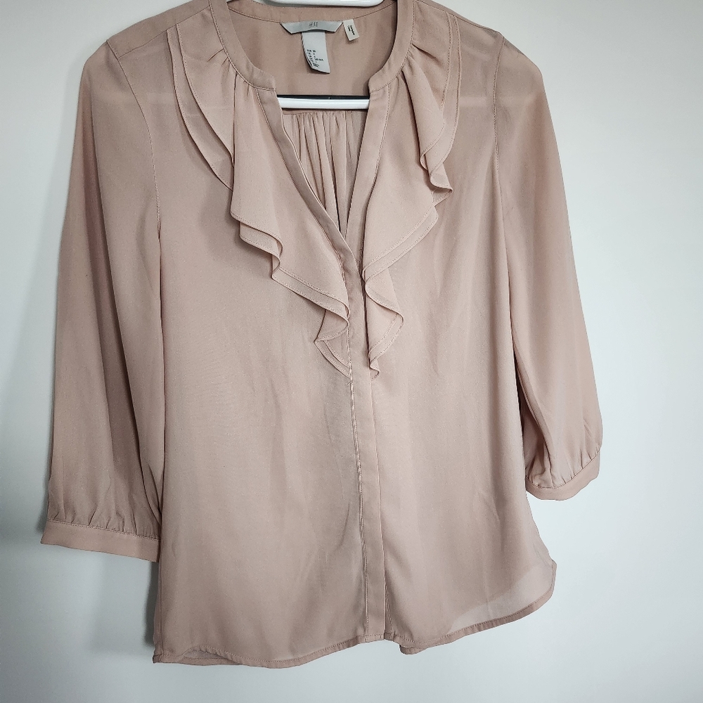 H&M Blush Ruffle V-Neck Blouse